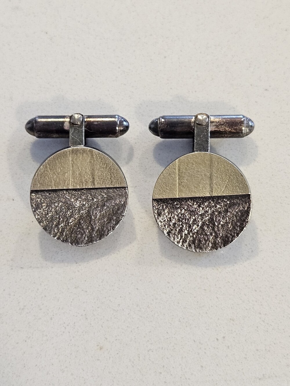 Vintage MCM Friedlich Two-Tone Round Cufflinks 18k Yellow Gold & Sterling Silver